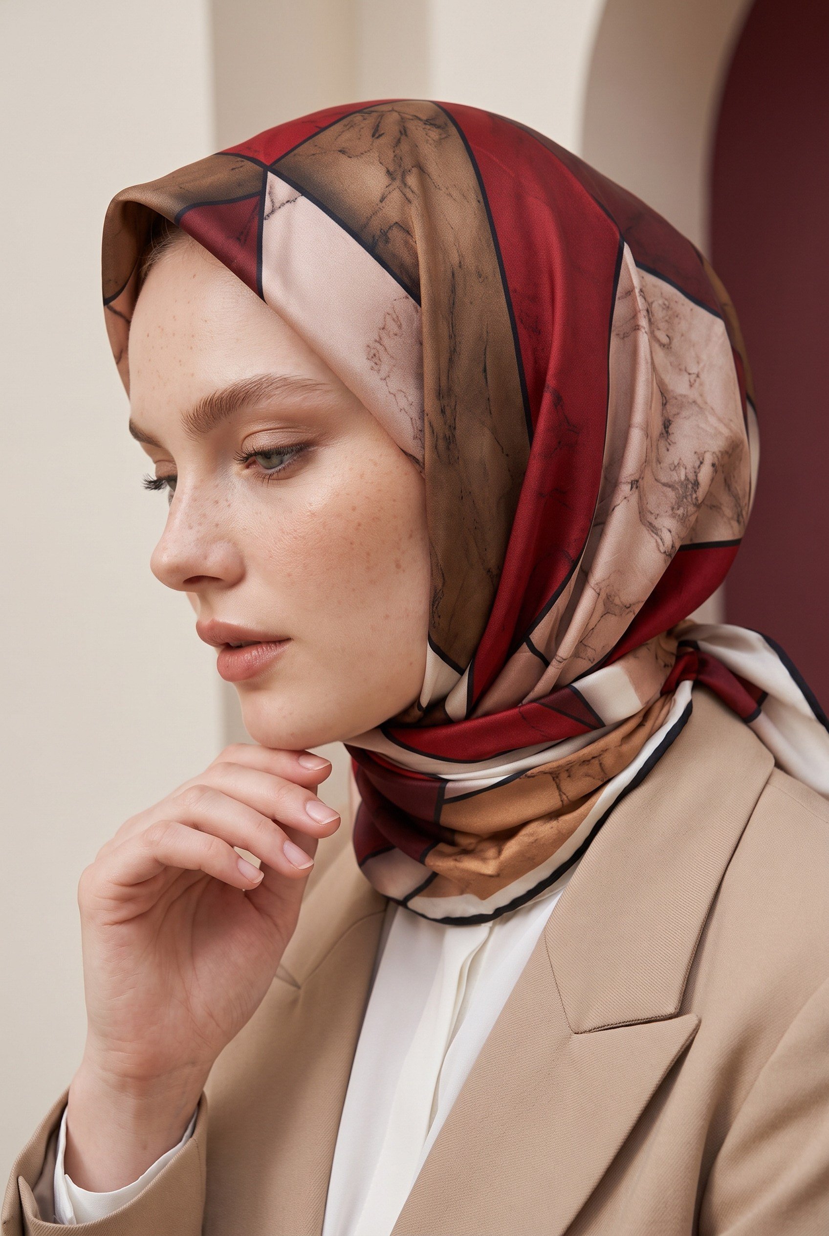 Rayon Mermer Desenli Bordo - Bej Renkli 90x90 Eşarp (İpek İçermez) Kenar Dikiş Şekli El Dikişli