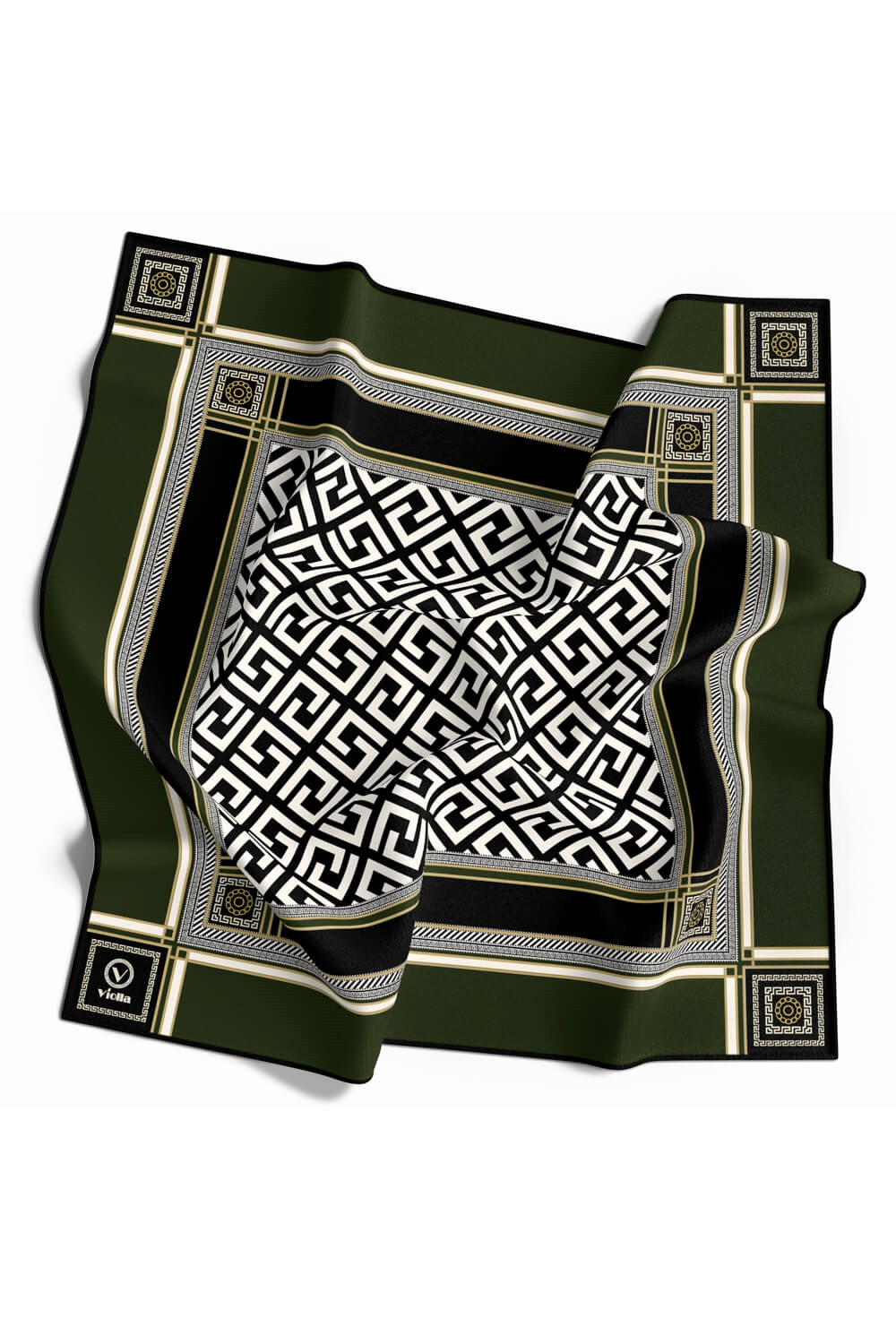Twill Antik Desenli Zümrüt Yeşili Renkli 90x90 Eşarp (İpek İçermez) Kenar Dikiş Şekli El Dikişli