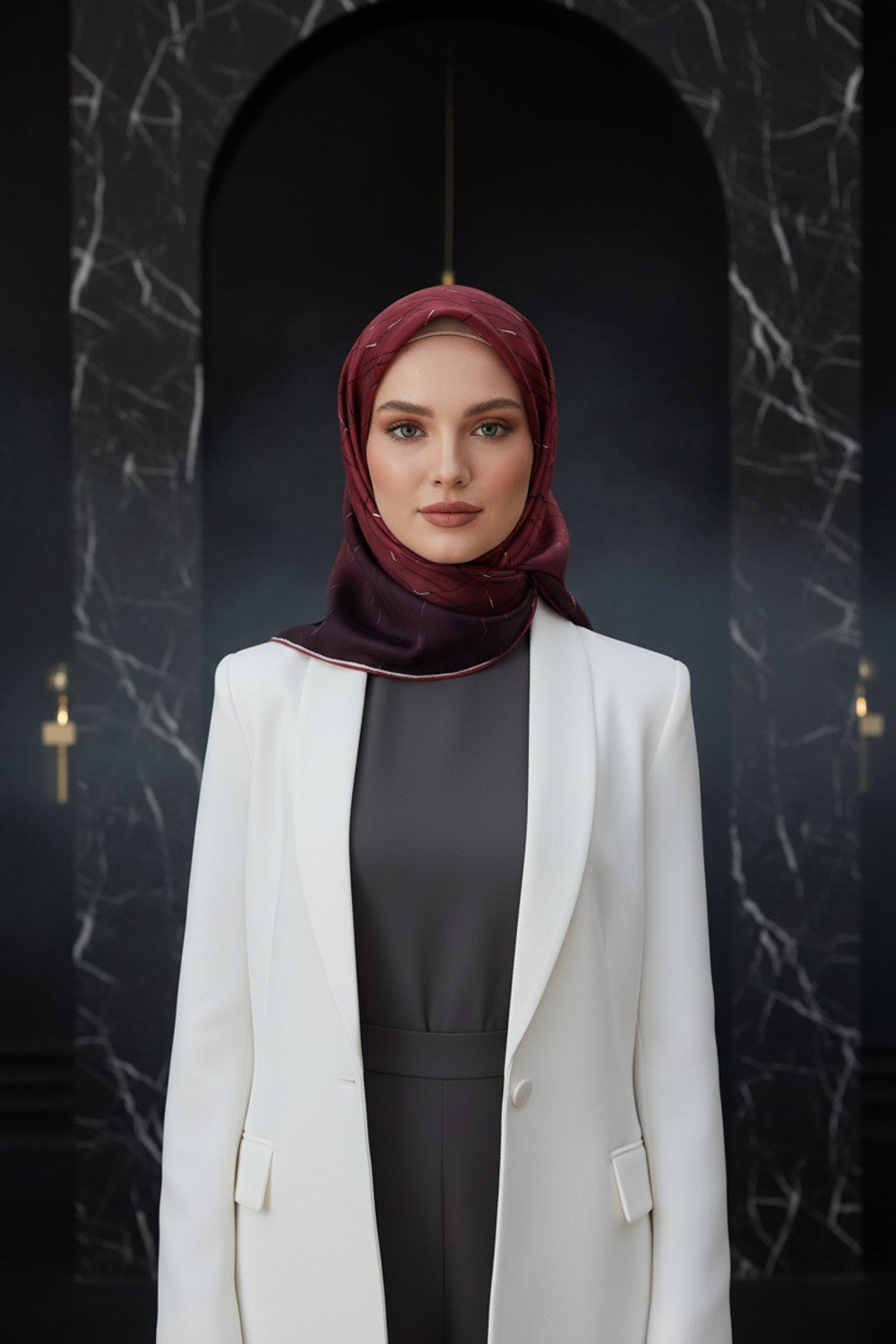 %100 Twill İpek Geometrik Desenli Bordo Renkli 90x90 Eşarp Dikim Şekli : El Dikişi