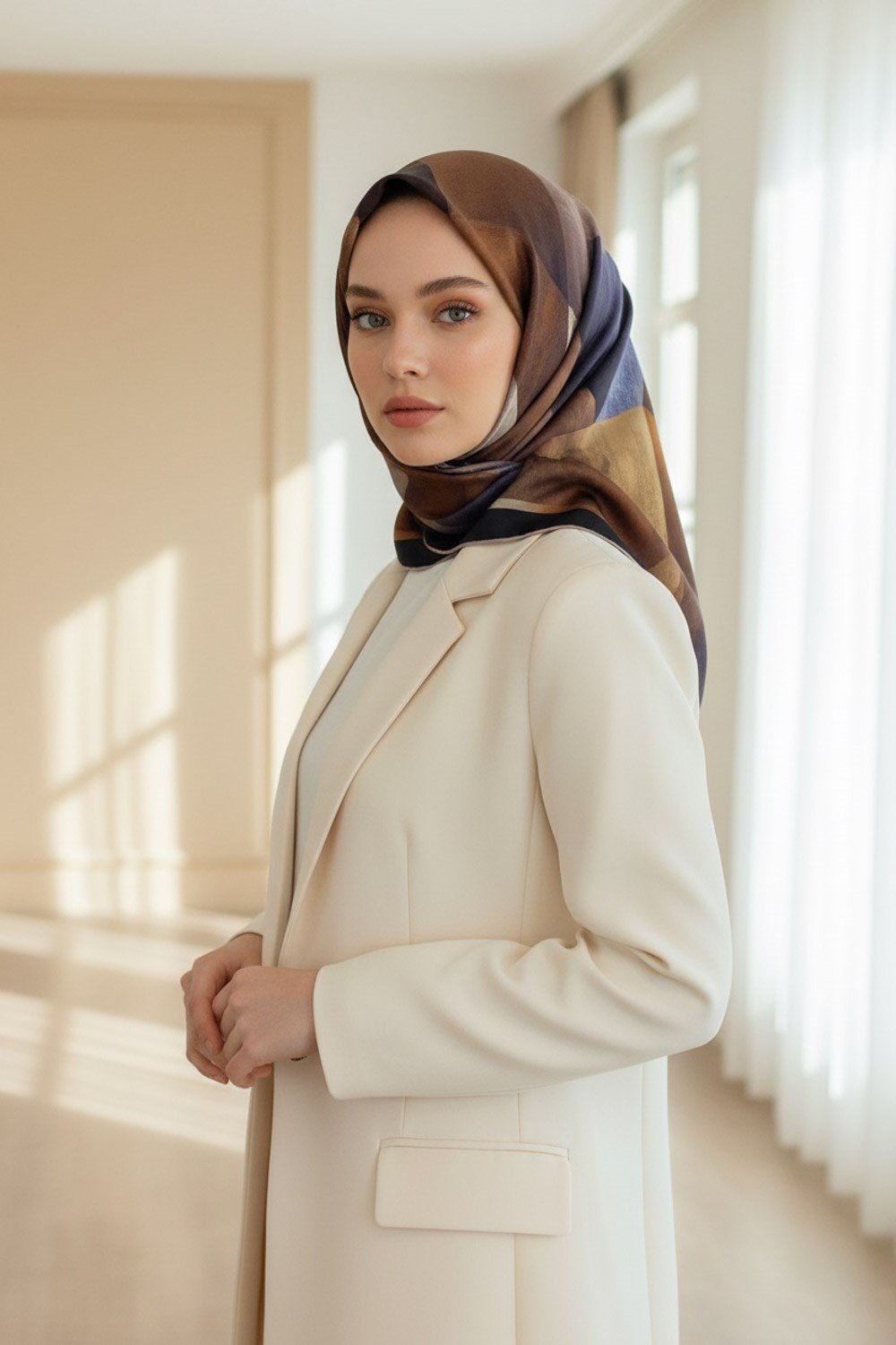 %100 Twill İpek Geometrik Desenli Kiremit - İndigo Renkli 90x90 Eşarp Dikim Şekli : El Dikişi