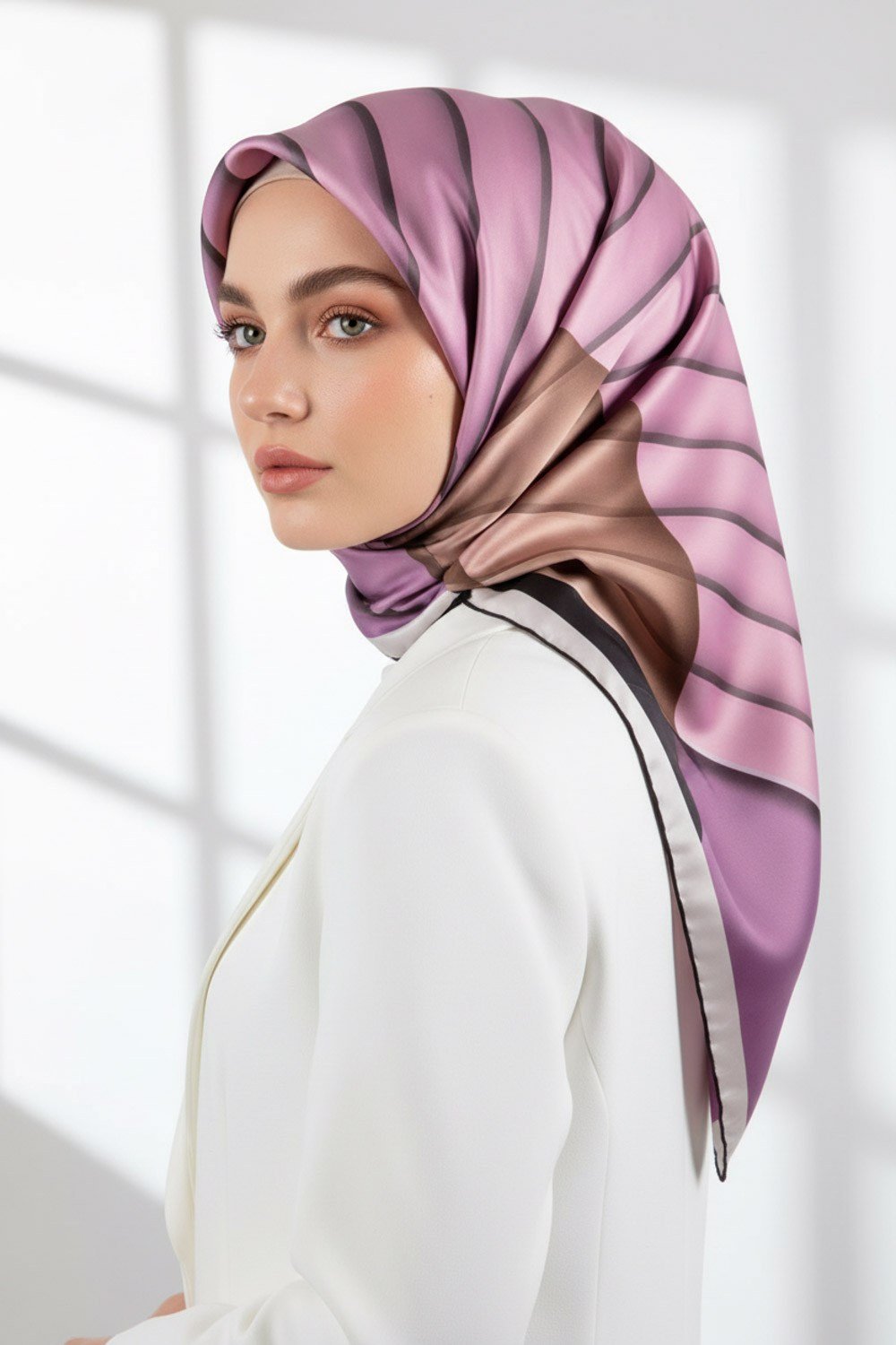 Rayon Zikzak Çizgi Desenli Lila Renkli 90x90 Eşarp (İpek İçermez) Dikim Şekli : El Dikişi