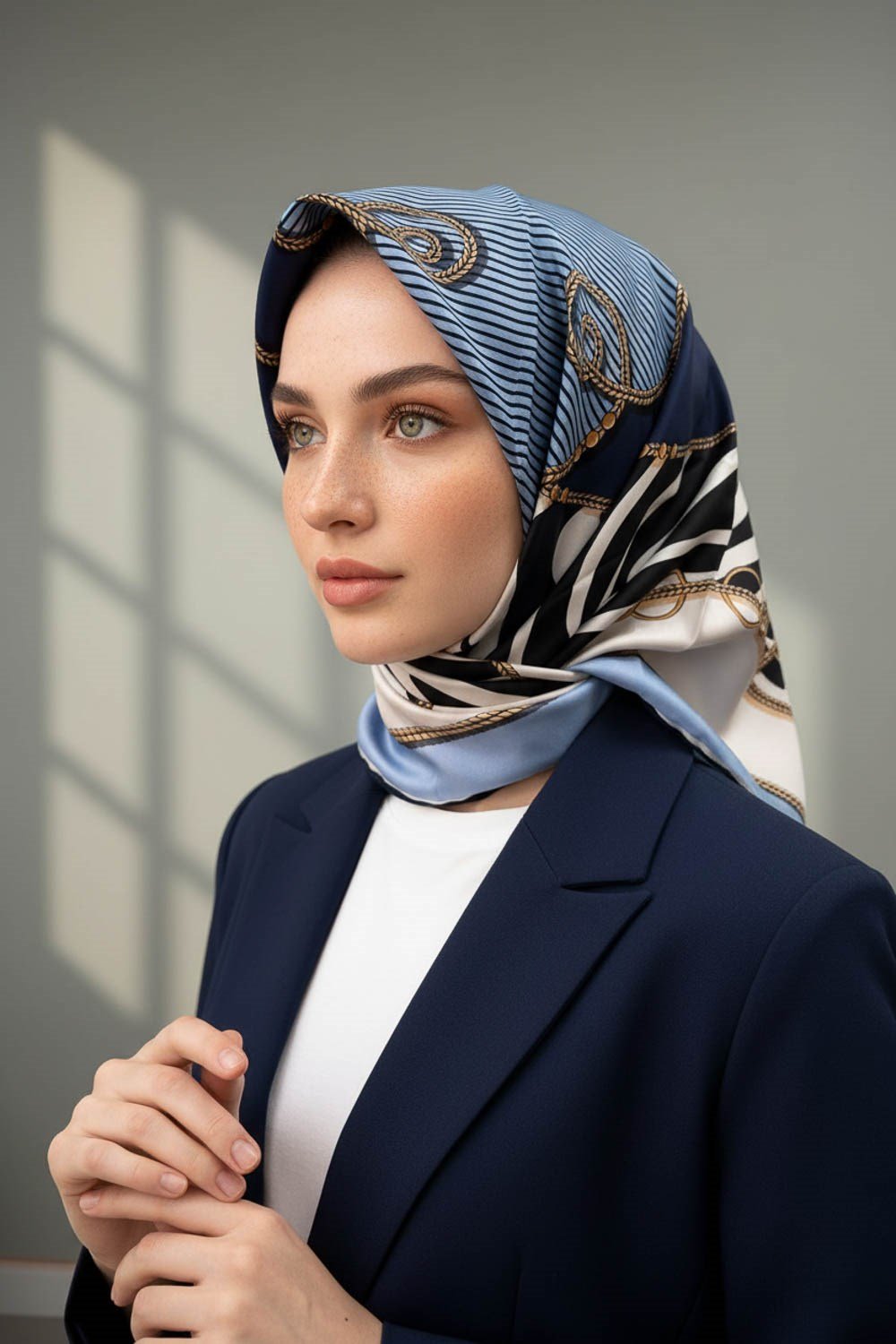 %100 Twill İpek Zincirli Ve Zebra Desenli Bebe Mavisi - Lacivert Renkli 90x90 Eşarp Dikim Şekli : El Dikişi
