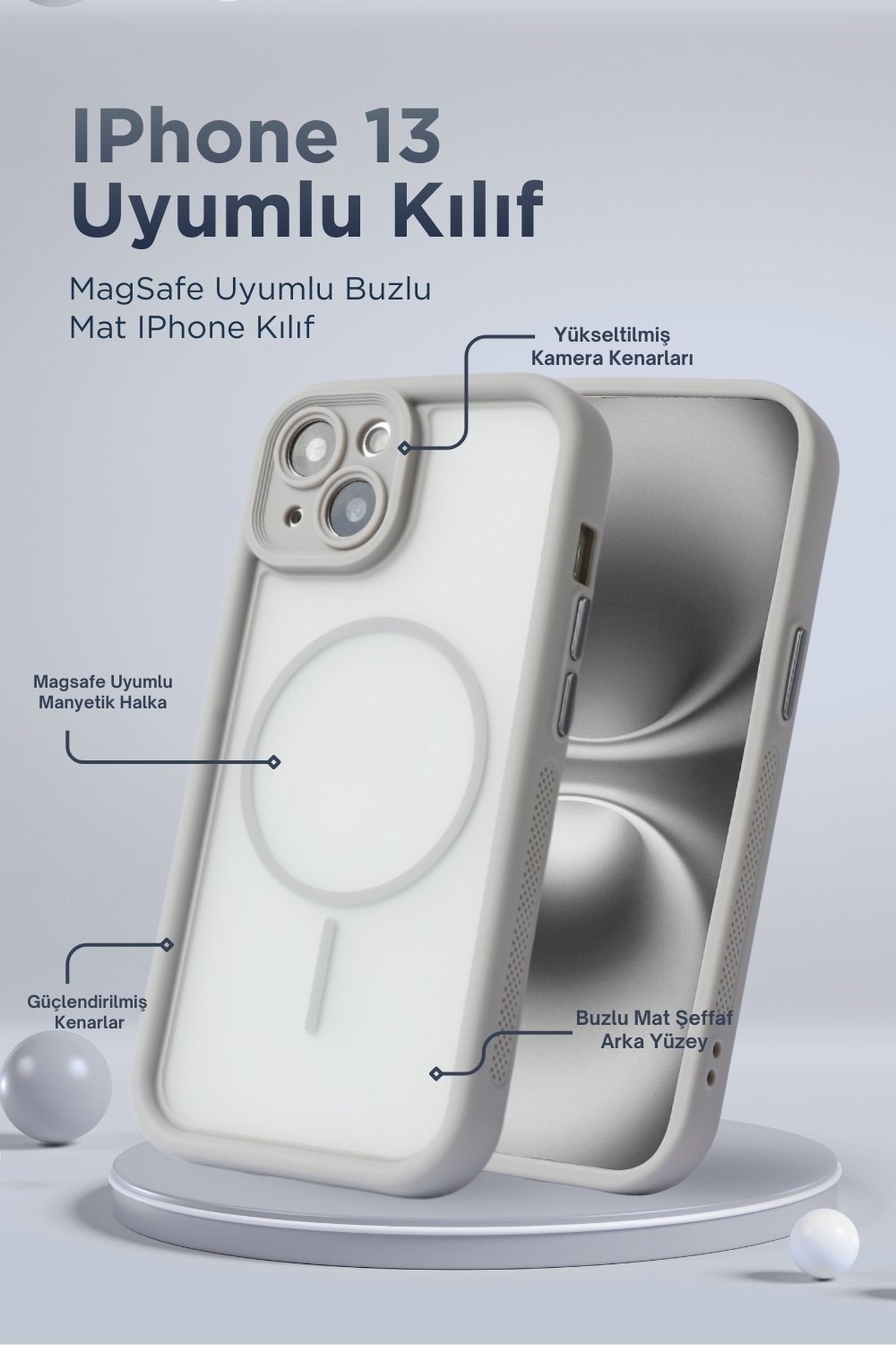 iPhone 13 Kılıf – Kamera Korumalı – MagSafe Uyumlu – Gri Renk – Mat Silikon Telefon Kılıfı