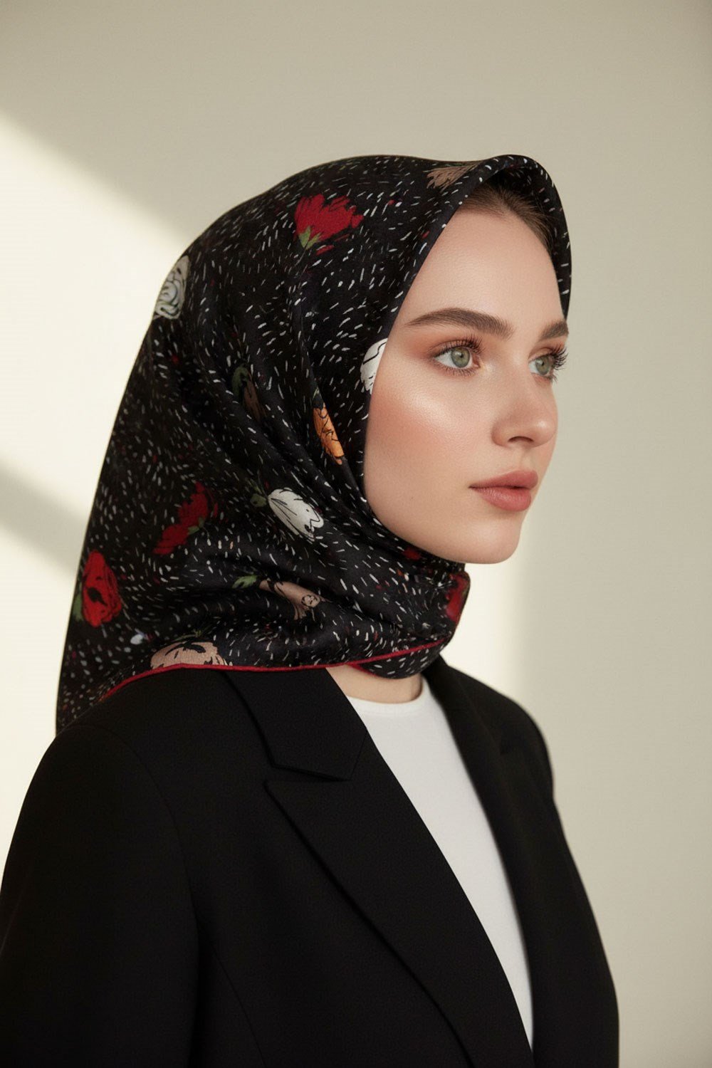 %100 Twill İpek Çıtır Çiçek Desenli Kırmızı - Bordo Renkli 90x90 Eşarp Dikim Şekli : El Dikişi