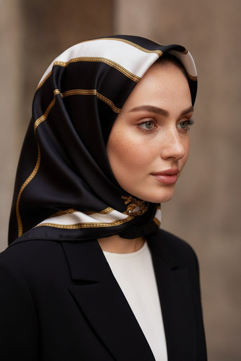 %100 Twill İpek Barok Ve Şerit Desenli Siyah - Krem Renkli 90x90 Eşarp Dikim Şekli : El Dikişi