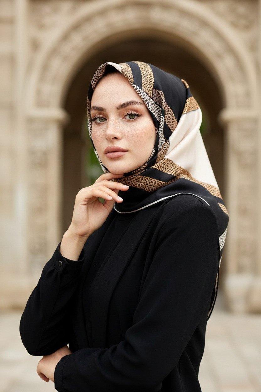 % 57 İPEK % 43 VİSKON Twill İpek Geometrik Desenli Siyah - Krem Renkli 90x90 Eşarp Dikim Şekli : El Dikişi