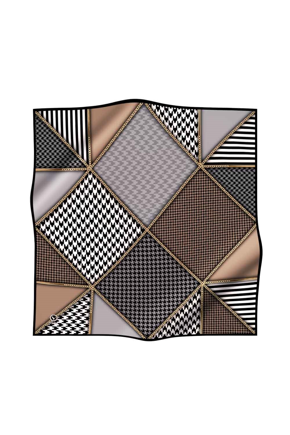 Twil Geometrik Ve Kazayak Desenli Gri - Bej Renkli 90x90 Eşarp (İpek İçermez) Dikim Şekli : El Dikişi