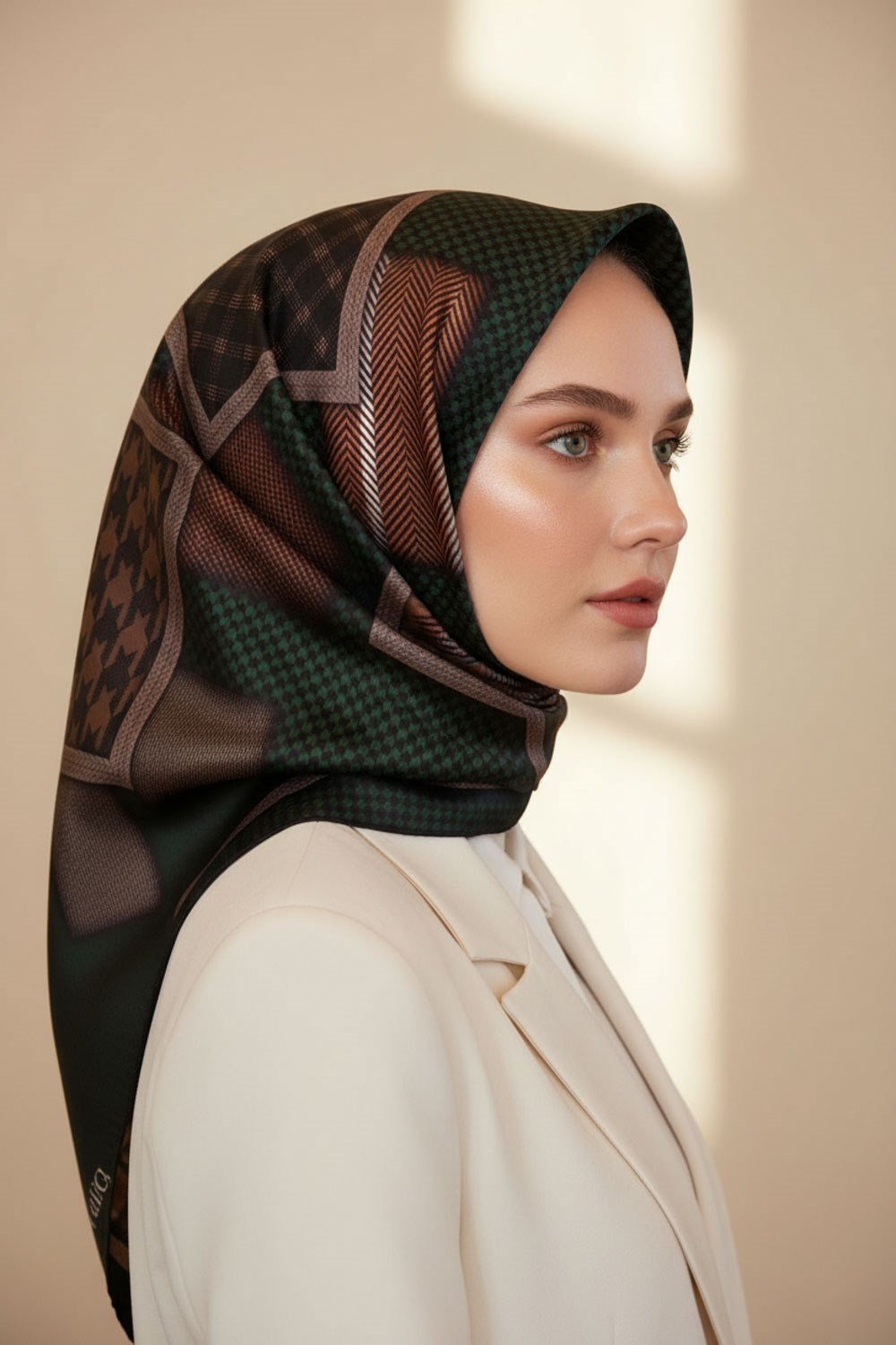%100 Twill İpek Kazakayaklı Ve Ekose Desenli Zümrüt Yeşili - Siyah Renkli 90x90 Eşarp Dikim Şekli : El Dikişi