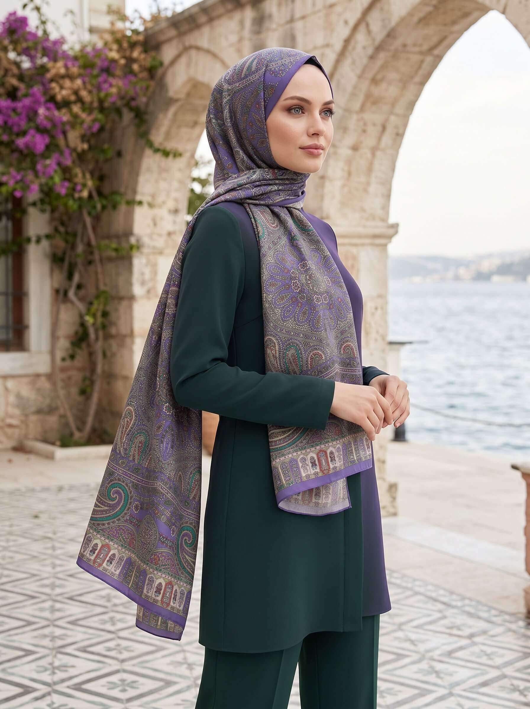 100% İPEK ETRO DESENLİ MOR RENKLİ ŞAL