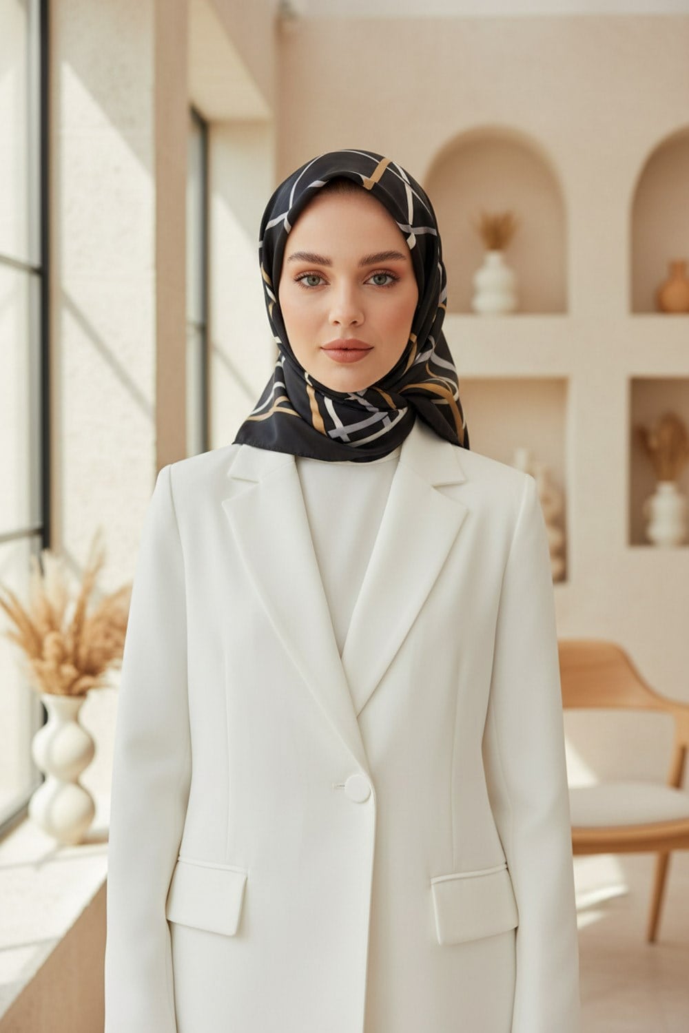 %57 İPEK %43 VİSKON Twill İpek Çizgili Desenli Siyah - Gold Renkli 90x90 Eşarp Dikim Şekli : El Dikişi