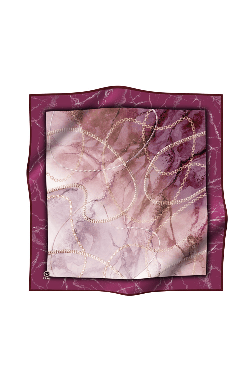 Twill Mermer ve Zincir Desenli Mürdüm Renkli 90x90 Eşarp (İpek İçermez) Kenar Dikiş Şekli El Dikişli