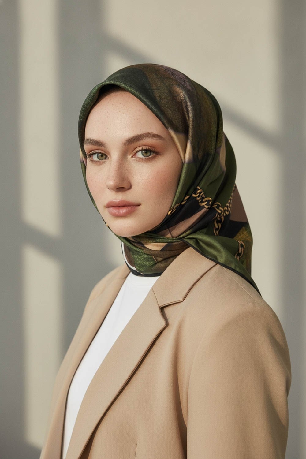 %100 Twill İpek Taş Efekti Desenli Haki - Siyah Renkli 90x90 Eşarp Dikim Şekli : El Dikişi