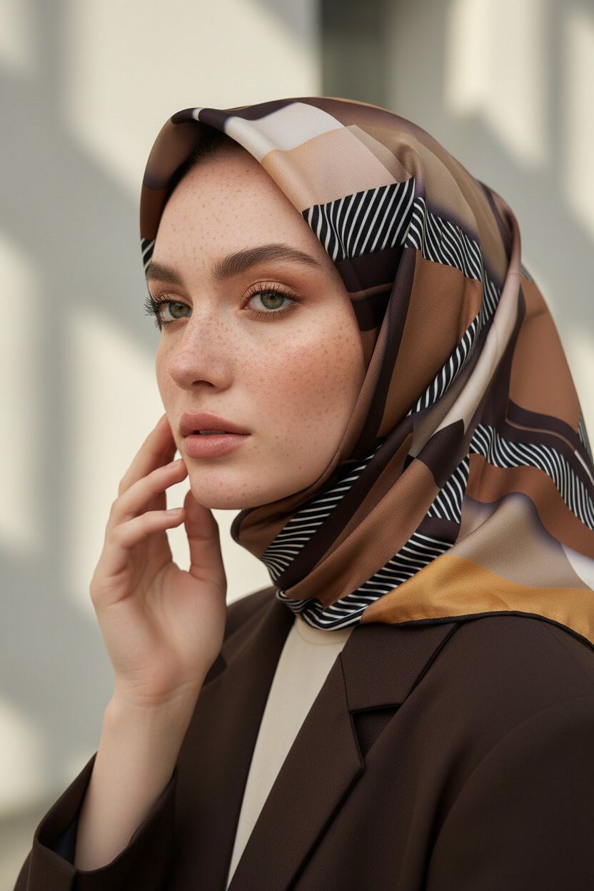 %100 Twill İpek Zebra Desenli Bej - Gold Renkli 90x90 Eşarp Dikim Şekli : El Dikişi