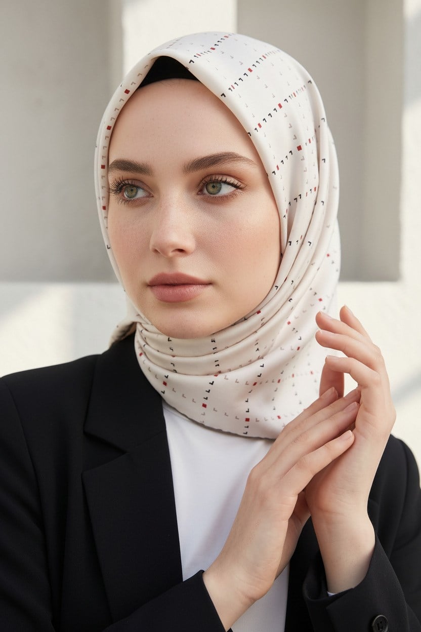 %100 Twill İpek Minik V Desenli Beyaz Renkli 90x90 Eşarp Dikim Şekli : El Dikişi