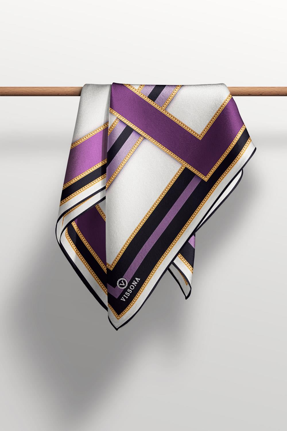 %100 Twill İpek Geometrik Desenli Leylak - Mor Renkli 90x90 Eşarp Dikim Şekli : El Dikişi