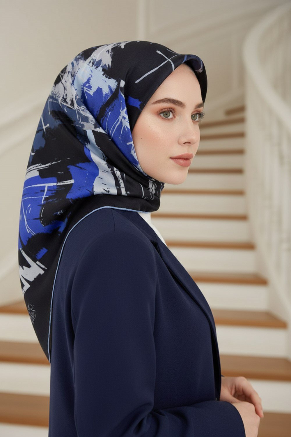 %57 İPEK %43 VİSKON Twill İpek Geometrik Desenli Lacivert - Bebe Mavisi Renkli 90x90 Eşarp Dikim Şekli : El Dikişi