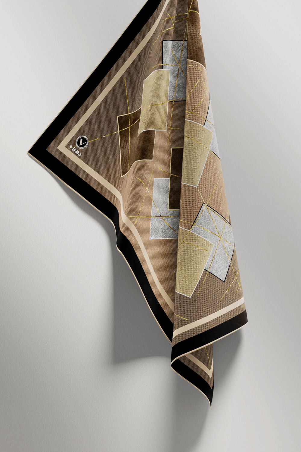 Twill Geometrik Desenli Bej Renkli 90x90 Eşarp (İpek İçermez) Kenar Dikiş Şekli El Dikişli