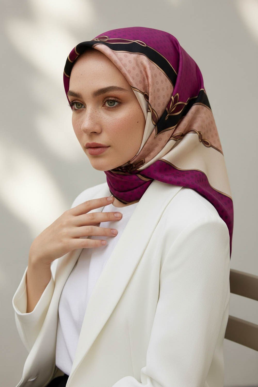 %100 Twill İpek Puantiyeli ve Geometrik Desenli Mürdüm - Krem Renkli 90x90 Eşarp Dikim Şekli : El Dikişi
