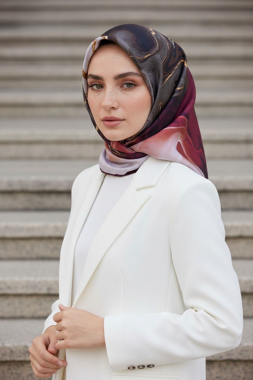 %100 Twill İpek Batik Desenli Bordo - Füme Renkli 90x90 Eşarp Dikim Şekli : El Dikişi