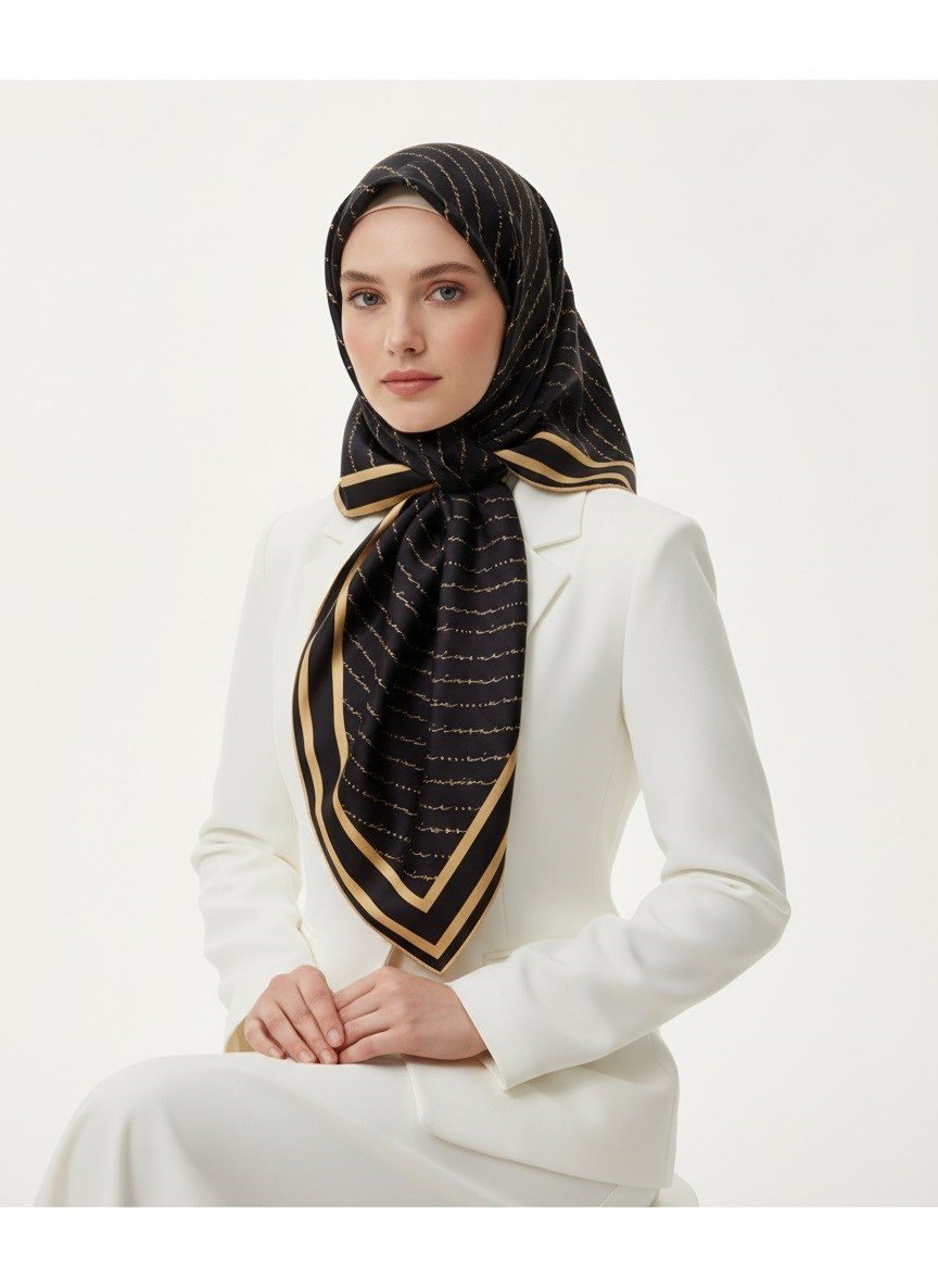 %100 Twill İpek El Yazısı Vissona Desenli Siyah - Gold Renkli Daha Tok Exclusive Serisi 90x90 Eşarp Kenar Dikiş Şekli : El Dikişi