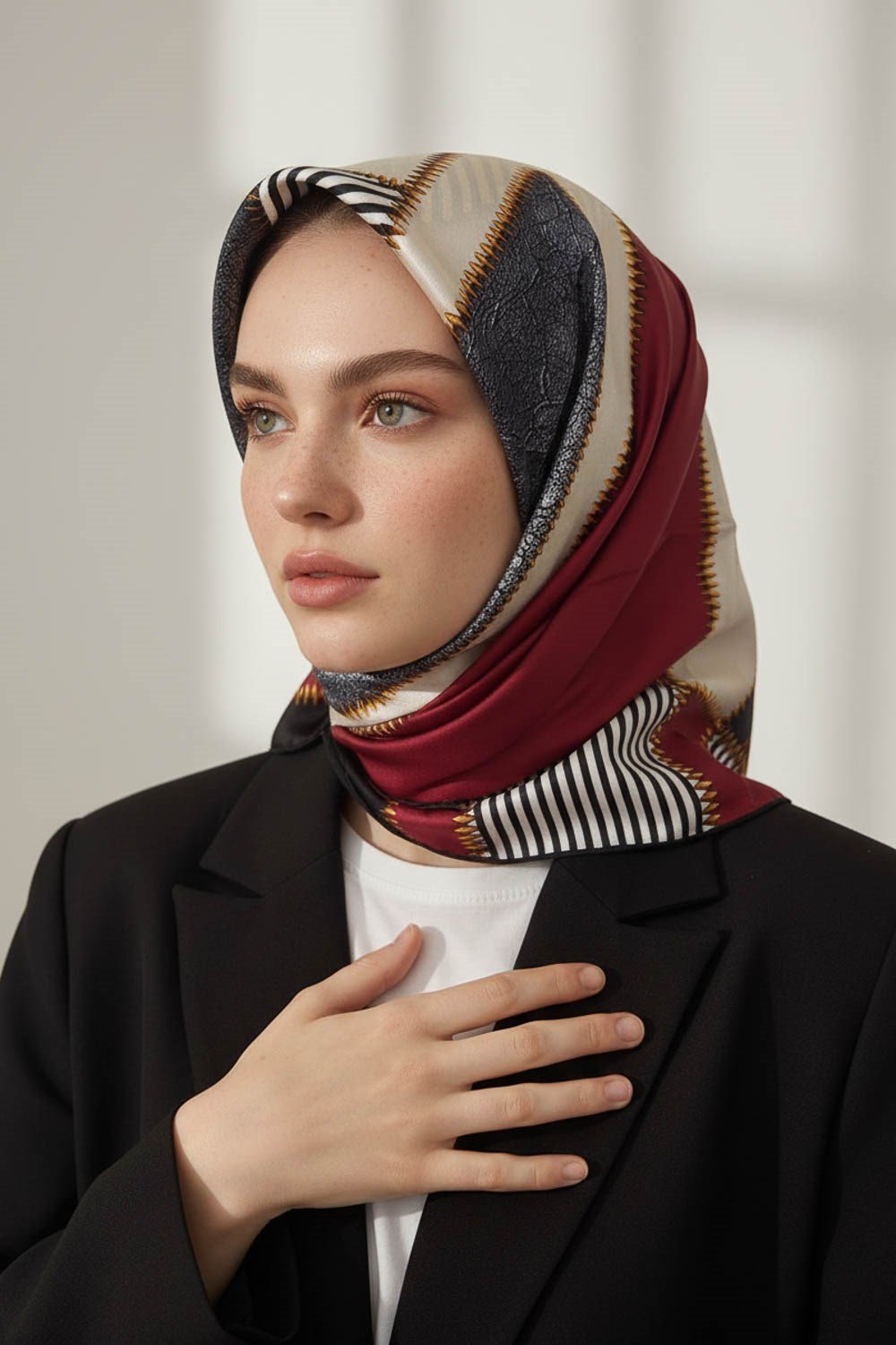 %100 Twill İpek Geometrik Desenli Bordo - Siyah Renkli 90x90 Eşarp Dikim Şekli : El Dikişi