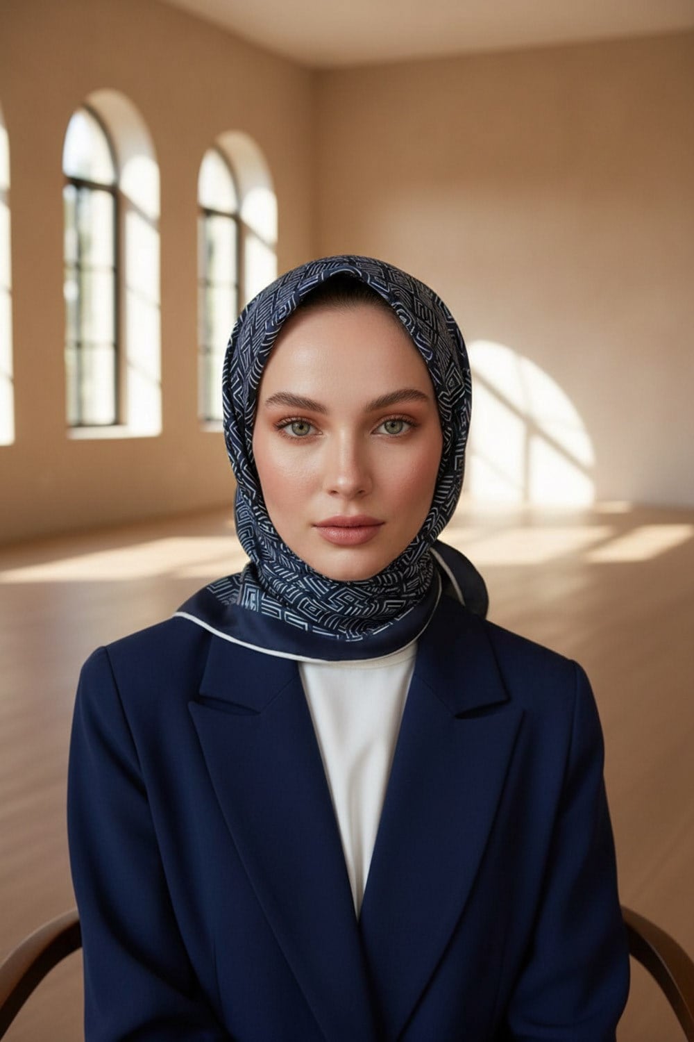 100% Twill İpek Etnik Motif Desenli Lacivert - Krem Renkli 90x90 Dikim Şekli : El Dikişi Eşarp