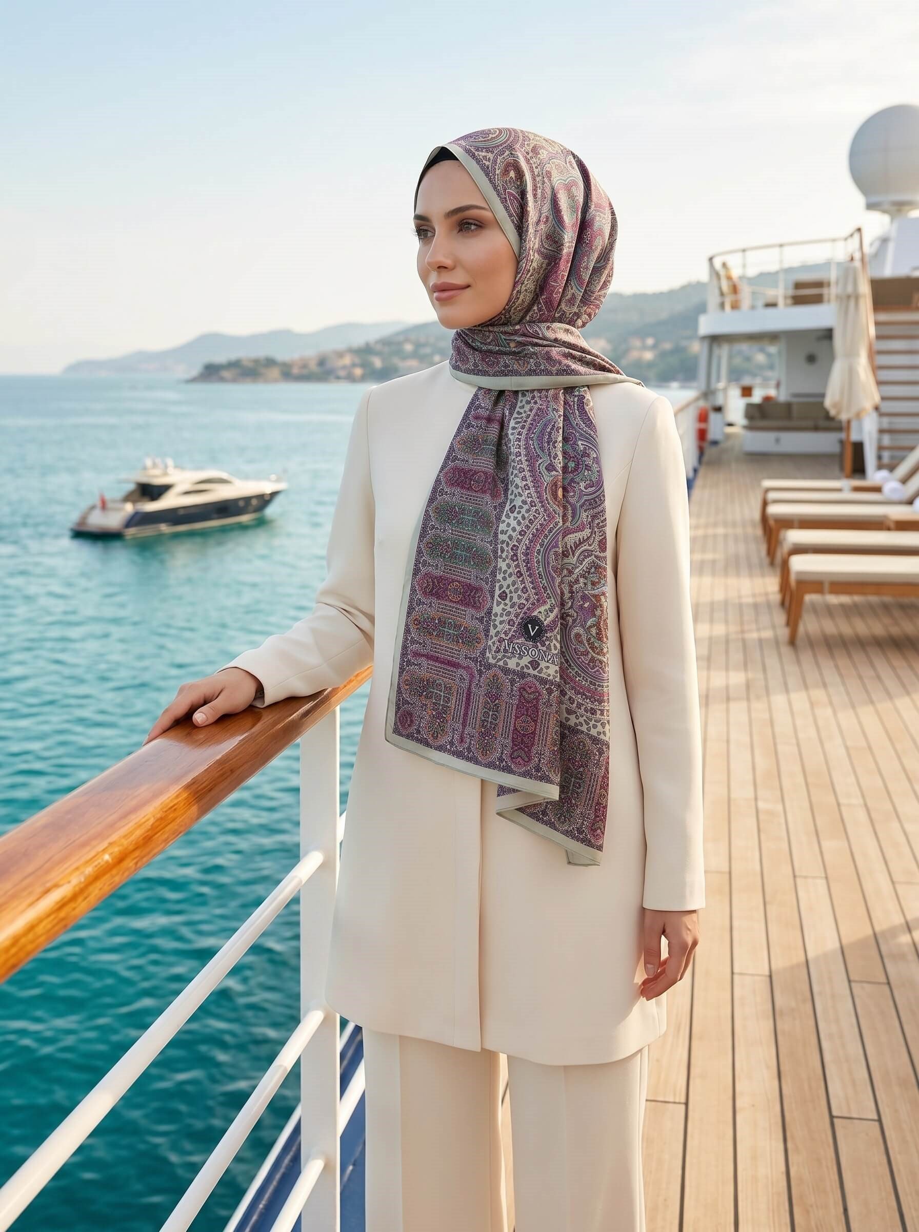 %100 Saf İpek Şal İnce Saten Vual Dokuma Etnik Desenli Haki - Mor Renkli 90x210 Şal