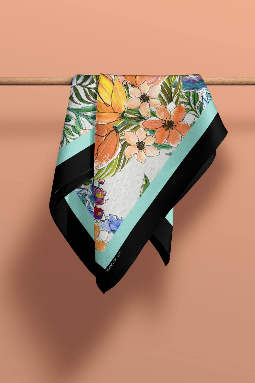 Violla F43 Kadın Su Yeşili Siyah Jardin Desenli 50x50 Bandana HYL DG01111-22