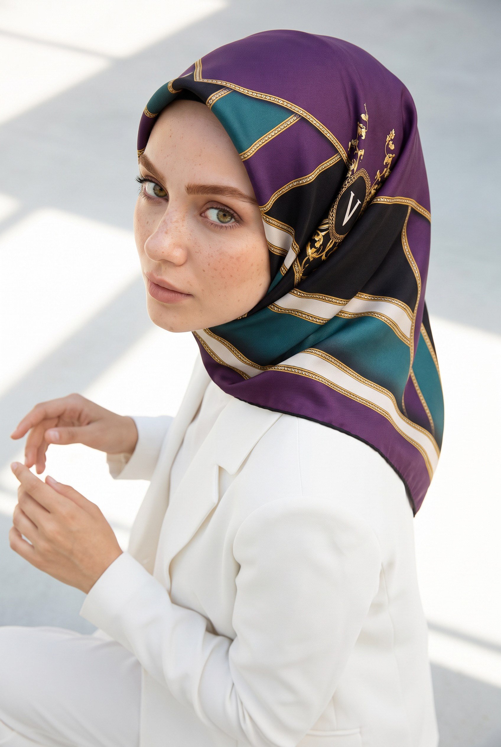 %100 Twill İpek Baroklu Ve Geometrik Desenli Mürdüm - Petrol Yeşili Renkli 90x90 Eşarp Dikim Şekli : El Dikişi