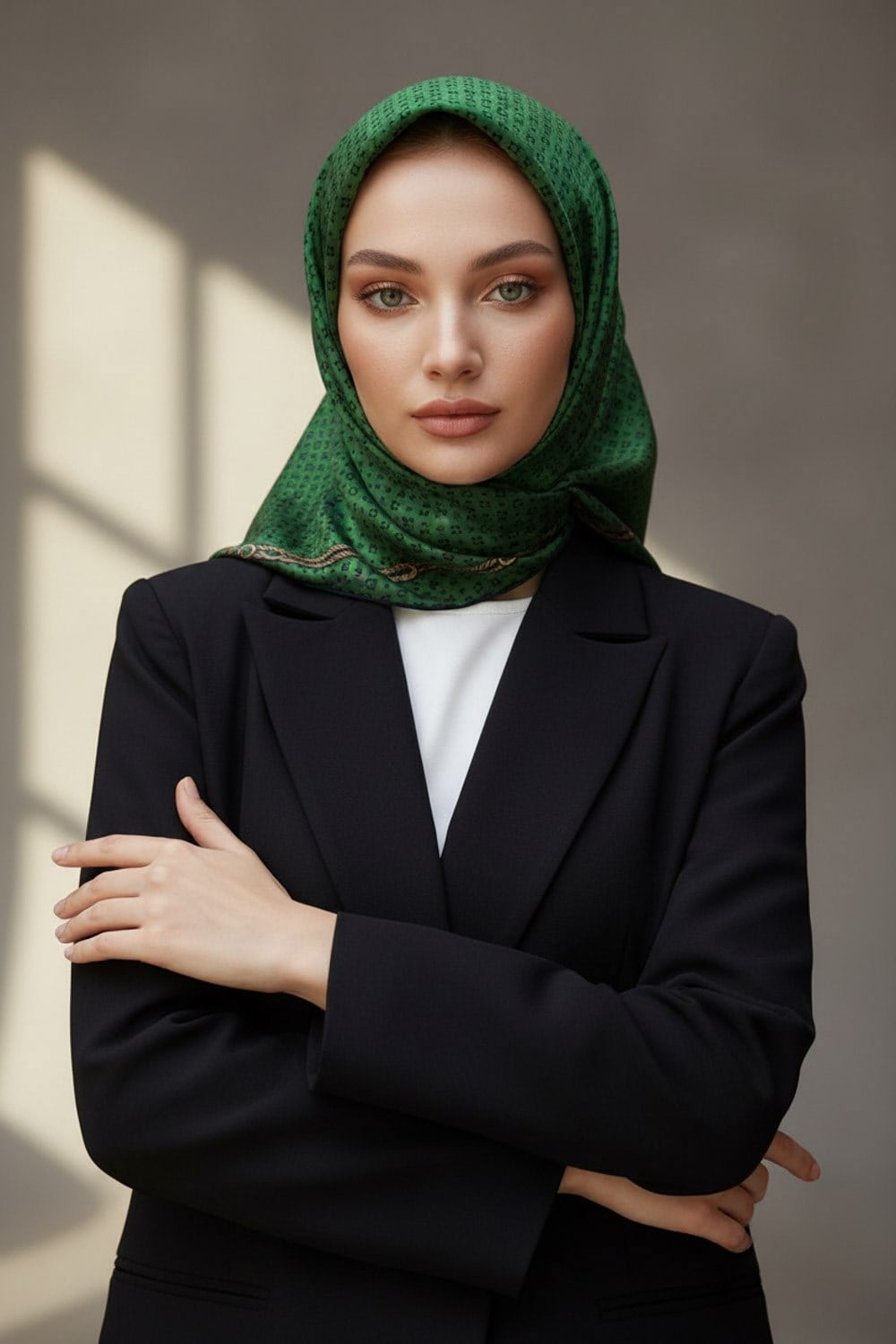 %100 Twill İpek Zincir Desenli Zümrüt Yeşili - Siyah Renkli 90x90 Eşarp Dikim Şekli : El Dikişi