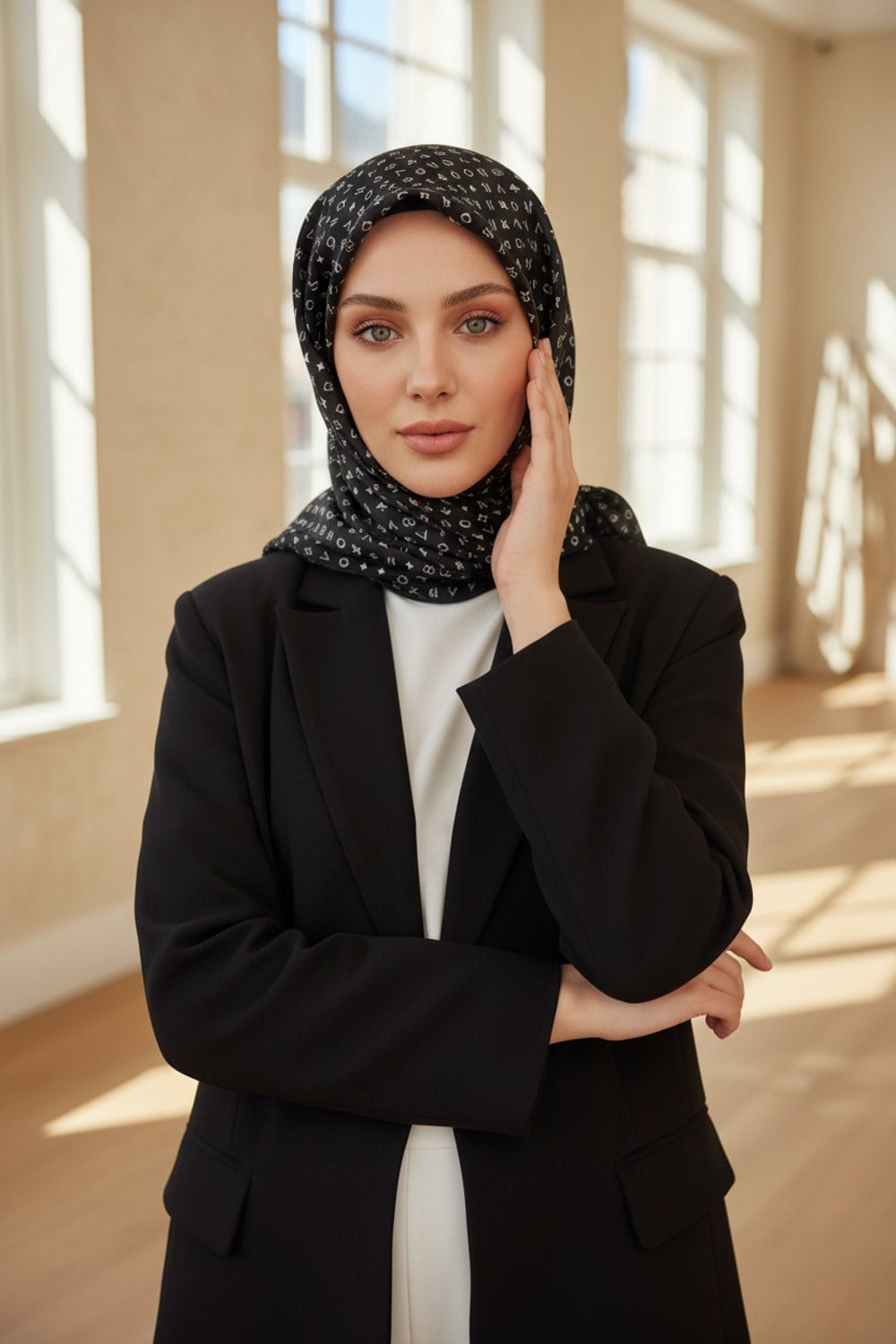 %100 Twill İpek Çıtır Motif Desenli Siyah - Krem Renkli 90x90 Eşarp Dikim Şekli : El Dikişi