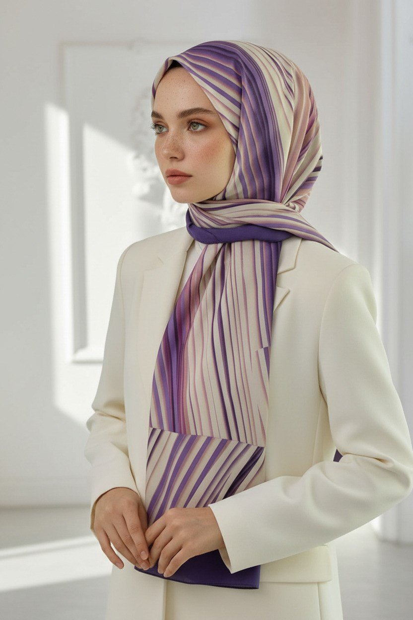 KREP ÇİZGİLİ DESENLİ LİLA RENKLİ 75X195 KIRIŞMAZ ŞAL