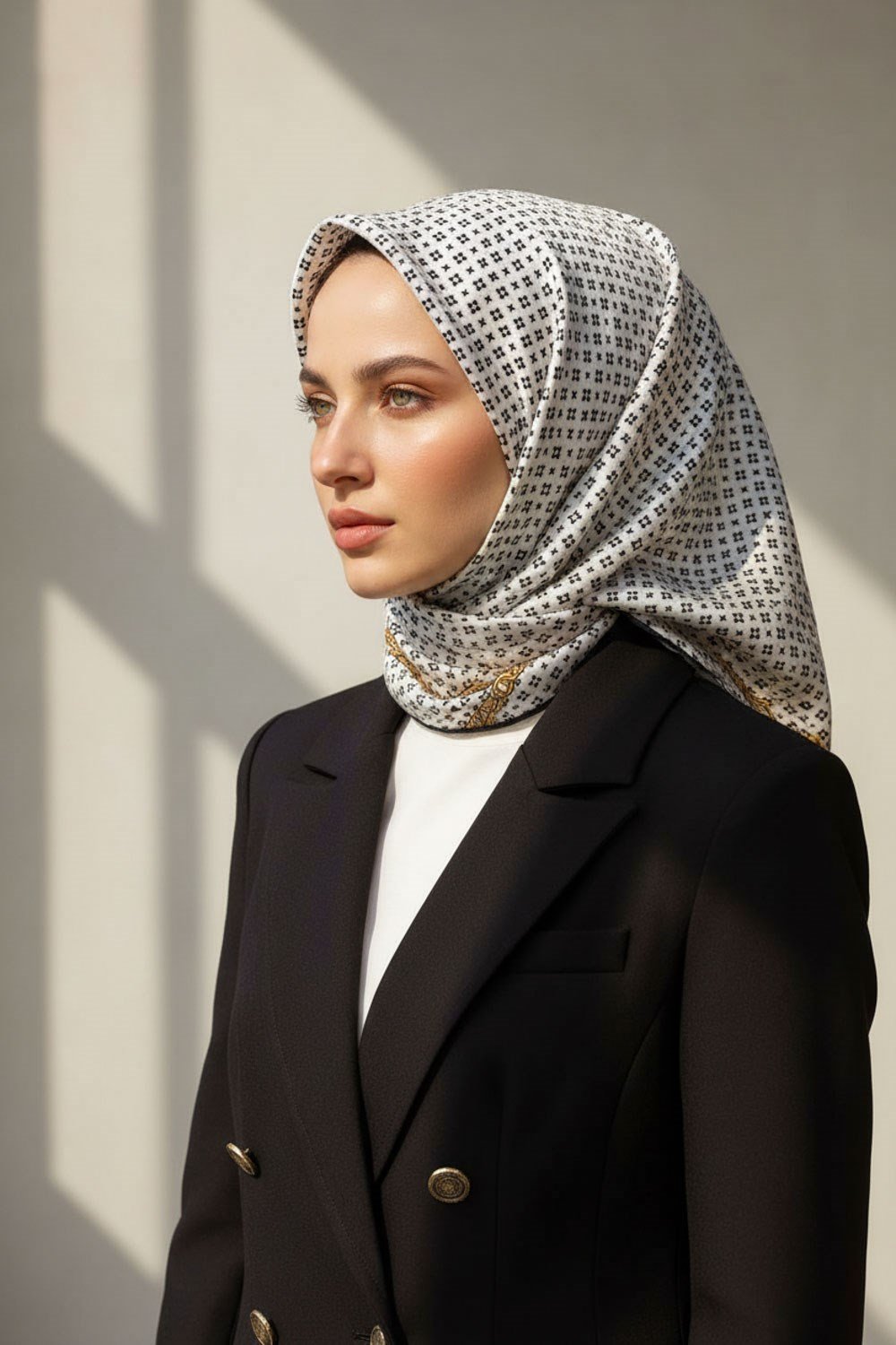 %100 Twill İpek Zincir Desenli Krem - Siyah Renkli 90x90 Eşarp Dikim Şekli : El Dikişi