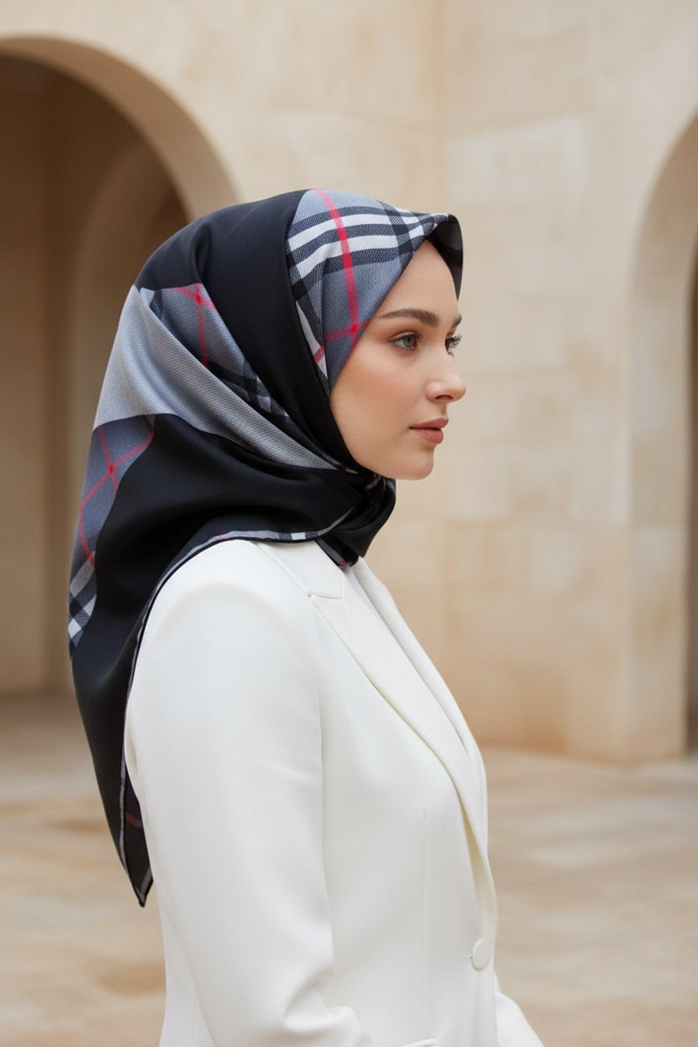 %100 Twill İpek Eşarp 90x90 Gri Siyah Ekose Desenli El Dikişli Kadın Eşarp