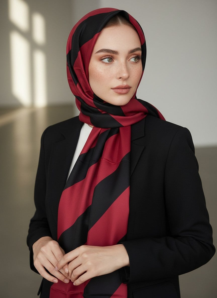 %100 Saf İpek Şal İnce Saten Vual Dokuma Çizgili Desenli Bordo - Siyah Renkli 90x210 Şal