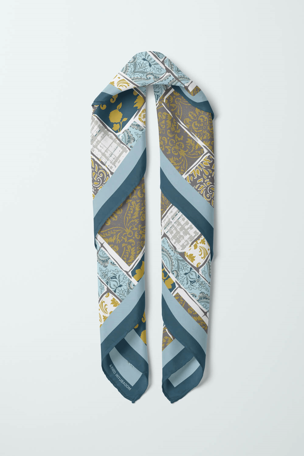 D55 Kadın Hardal Açık Mavi Field Desenli 50x50 Bandana