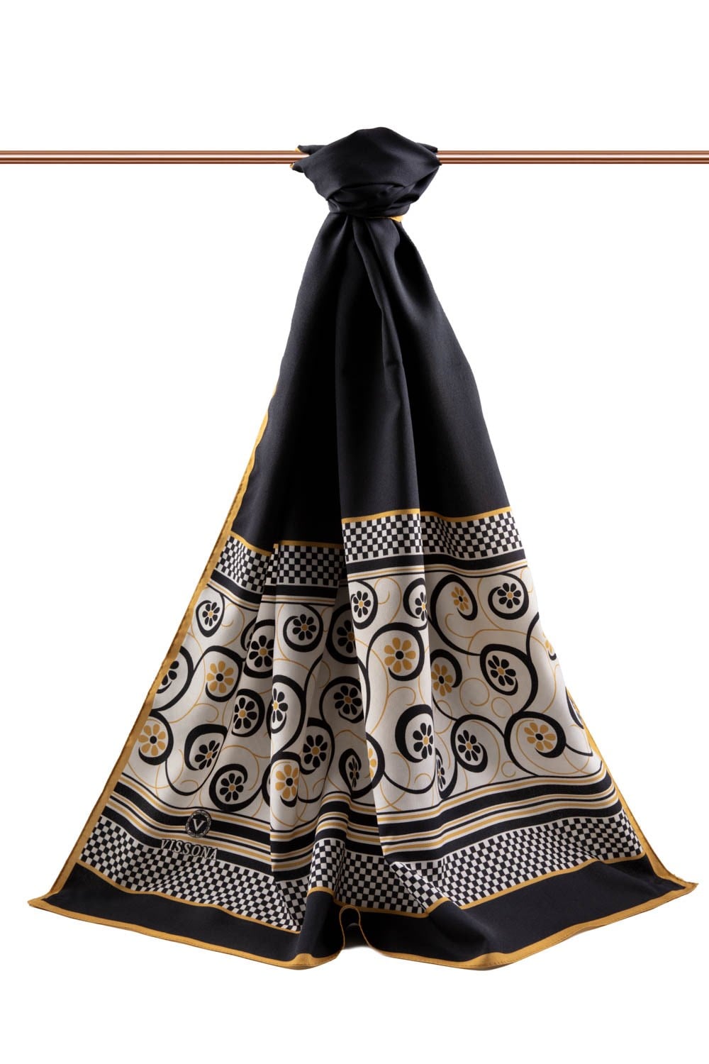 KREP KENAR MOTİFİ ÇİÇEK DESENLİ SİYAH - GOLD RENKLİ 75X195 KIRIŞMAZ ŞAL
