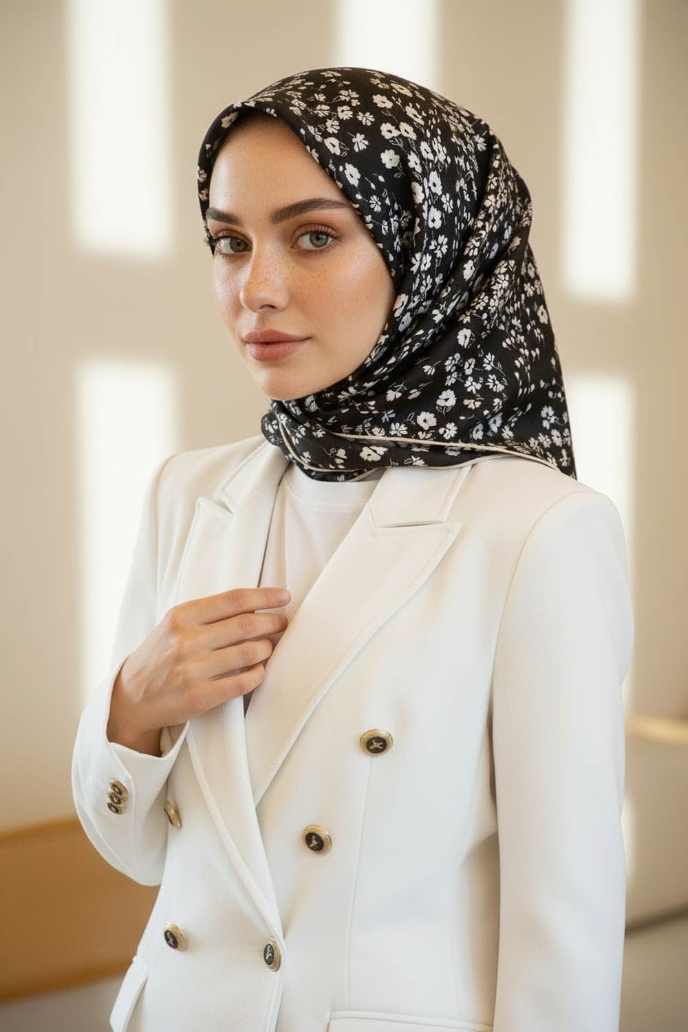 %100 Twill İpek Çıtır Çiçek Desenli Siyah - Krem Renkli 90x90 Eşarp Dikim Şekli : El Dikişi