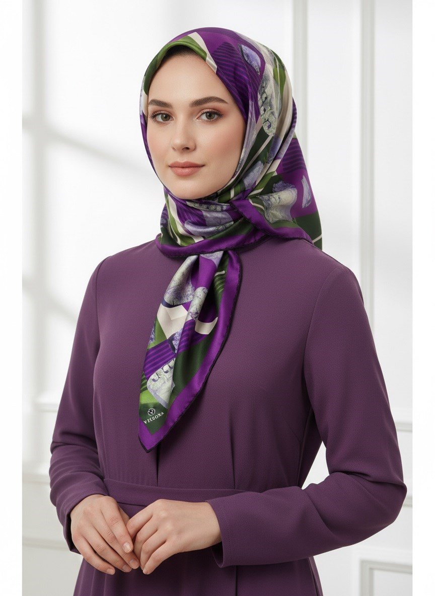 %100 Twill İpek Geometrik Desenli Mor - Haki Renkli 90x90 Eşarp Dikim Şekli : El Dikişi