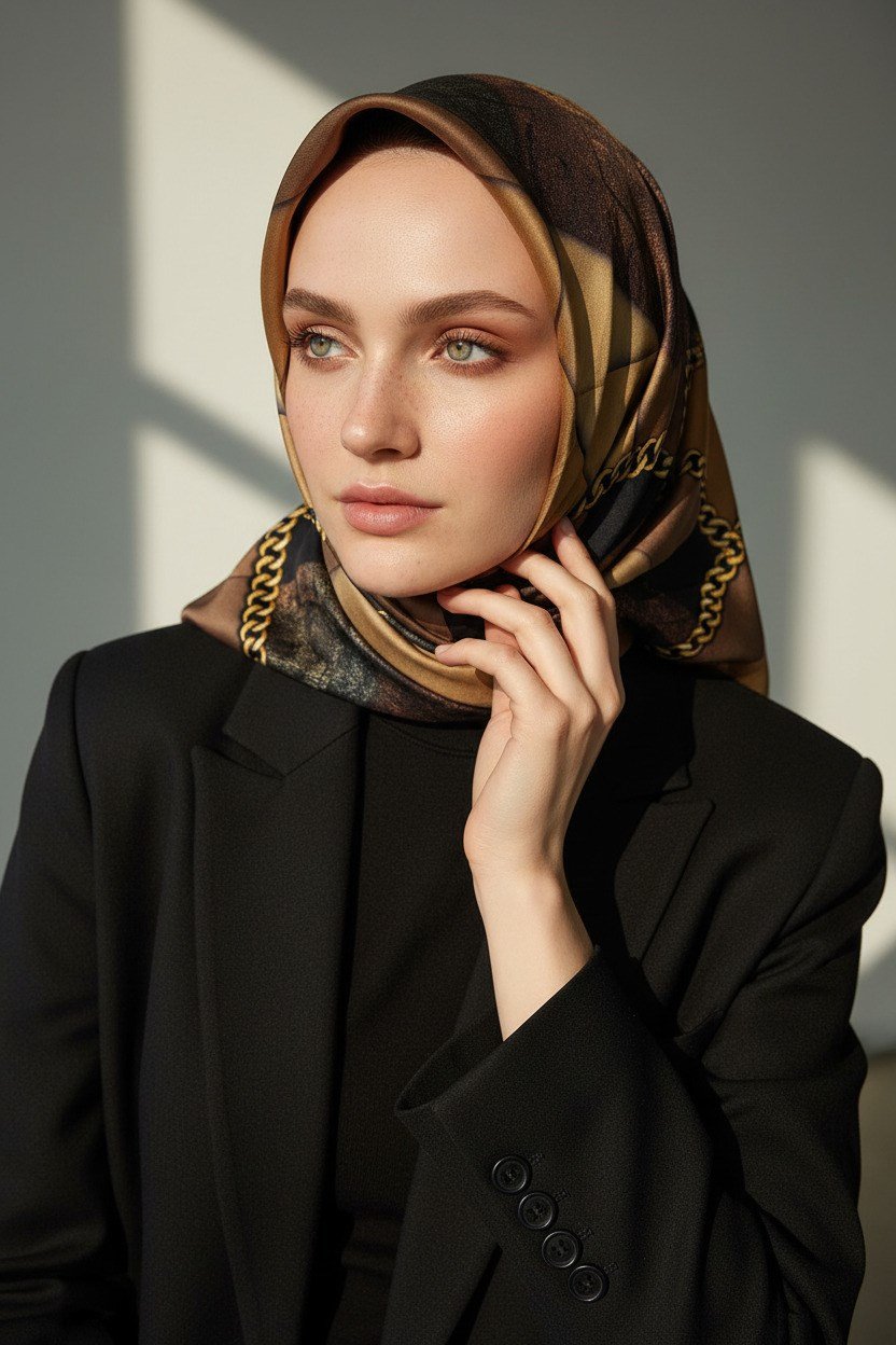 %100 Twill İpek Taş Efekti Desenli Hardal - Siyah Renkli 90x90 Eşarp Dikim Şekli : El Dikişi