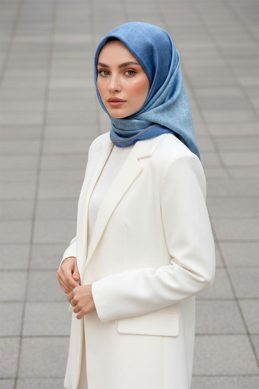 % 57 İPEK % 43 VİSKON Twill İpek Monogram Desenli Bebe Mavisi Renkli 90x90 Eşarp Dikim Şekli : El Dikişi