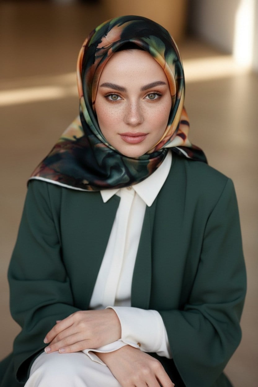 %100 Twill İpek Batik Çiçek Desenli Zümrüt Yeşili - Hardal Renkli 90x90 Eşarp Kenar Dikiş Şekli El Dikişli