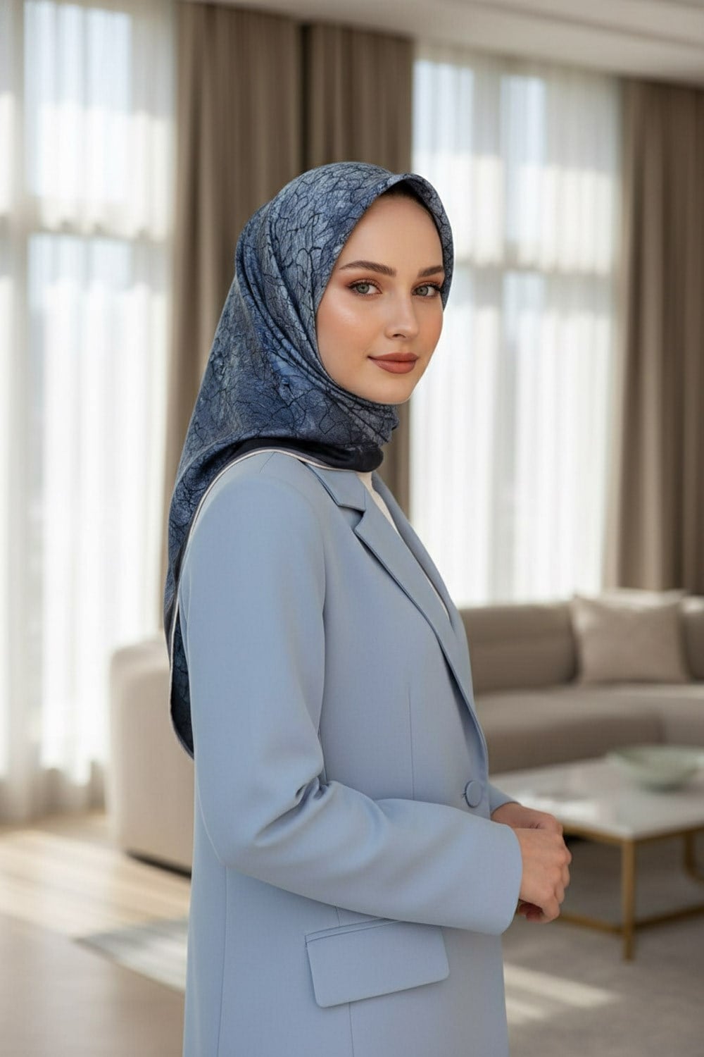 % 57 İPEK % 43 VİSKON Twill İpek Bulut  Desenli İndigo Gri Renkli 90x90 Eşarp Dikim Şekli : El Dikişi