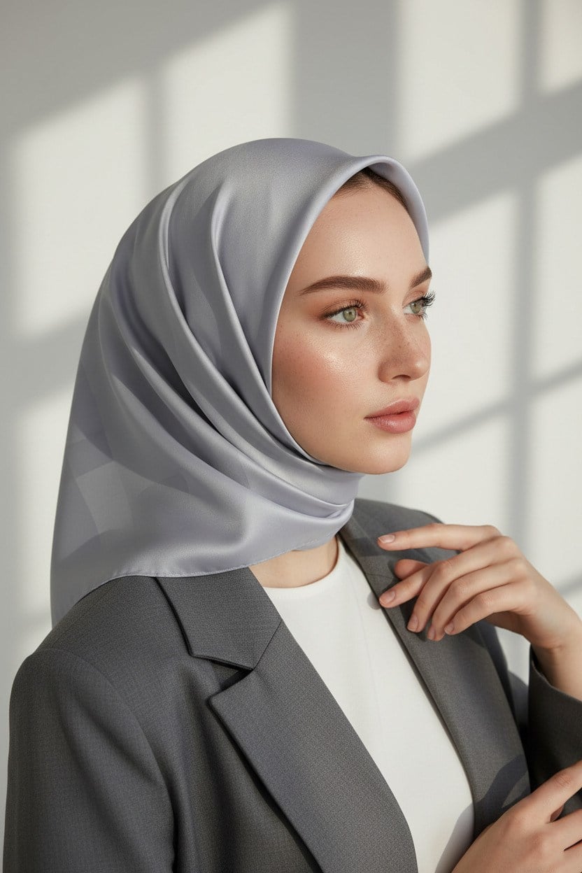 Viskon Twill İpek Az Hatalı Açık Gri  Renkli 90x90 Düz Eşarp Dikim Şekli : El Dikişi