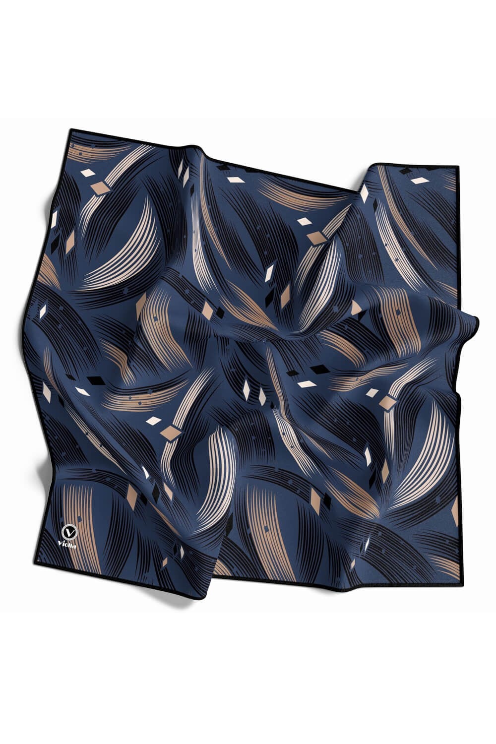 Rayon Geometrik Çizgili Desenli İndigo Renkli 90x90 Eşarp (İpek İçermez) Kenar Dikiş Şekli El Dikişli