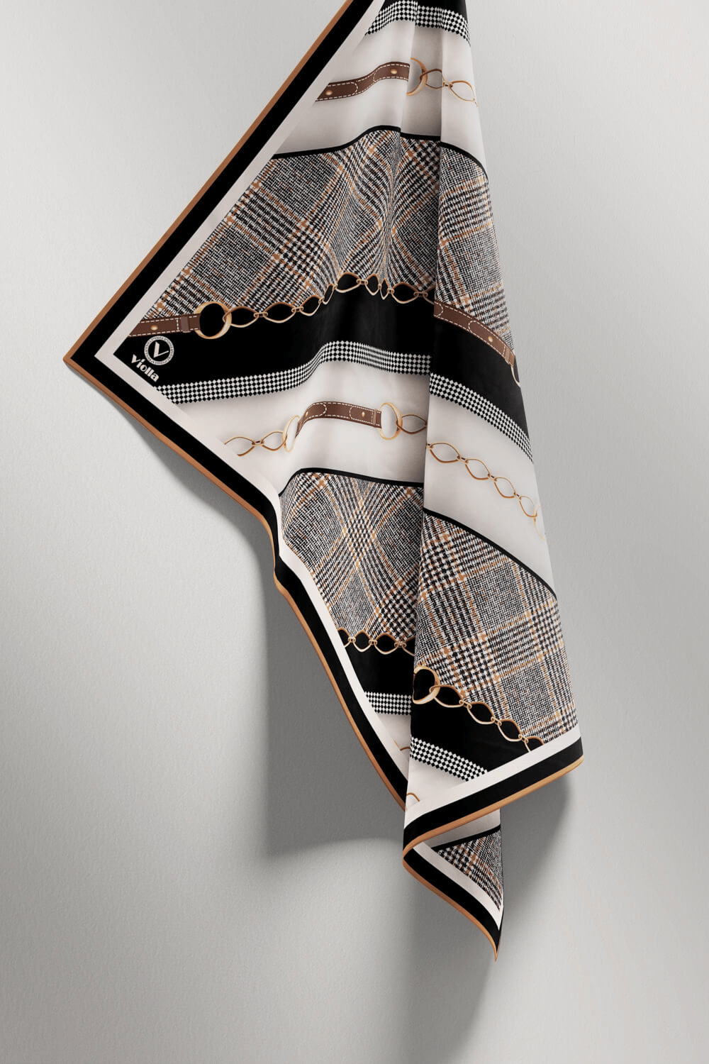 Twill Kemer Desenli Siyah Renkli 90x90 Eşarp (İpek İçermez) Kenar Dikiş Şekli El Dikişli
