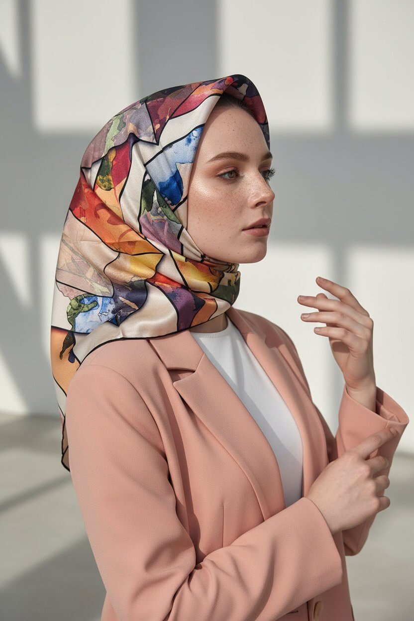 %100 Twill İpek Bahar Çiçekleri Desenli Pudra - Bebe Mavisi Renkli 90x90 Eşarp Kenar Dikiş Şekli El Dikişli