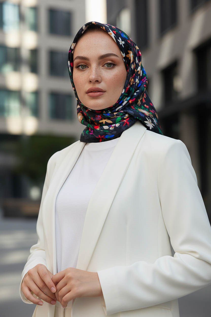 %100 Twill İpek Çıtır Çiçek Desenli Siyah - Fuşya Renkli 90x90 Eşarp Dikim Şekli : El Dikişi