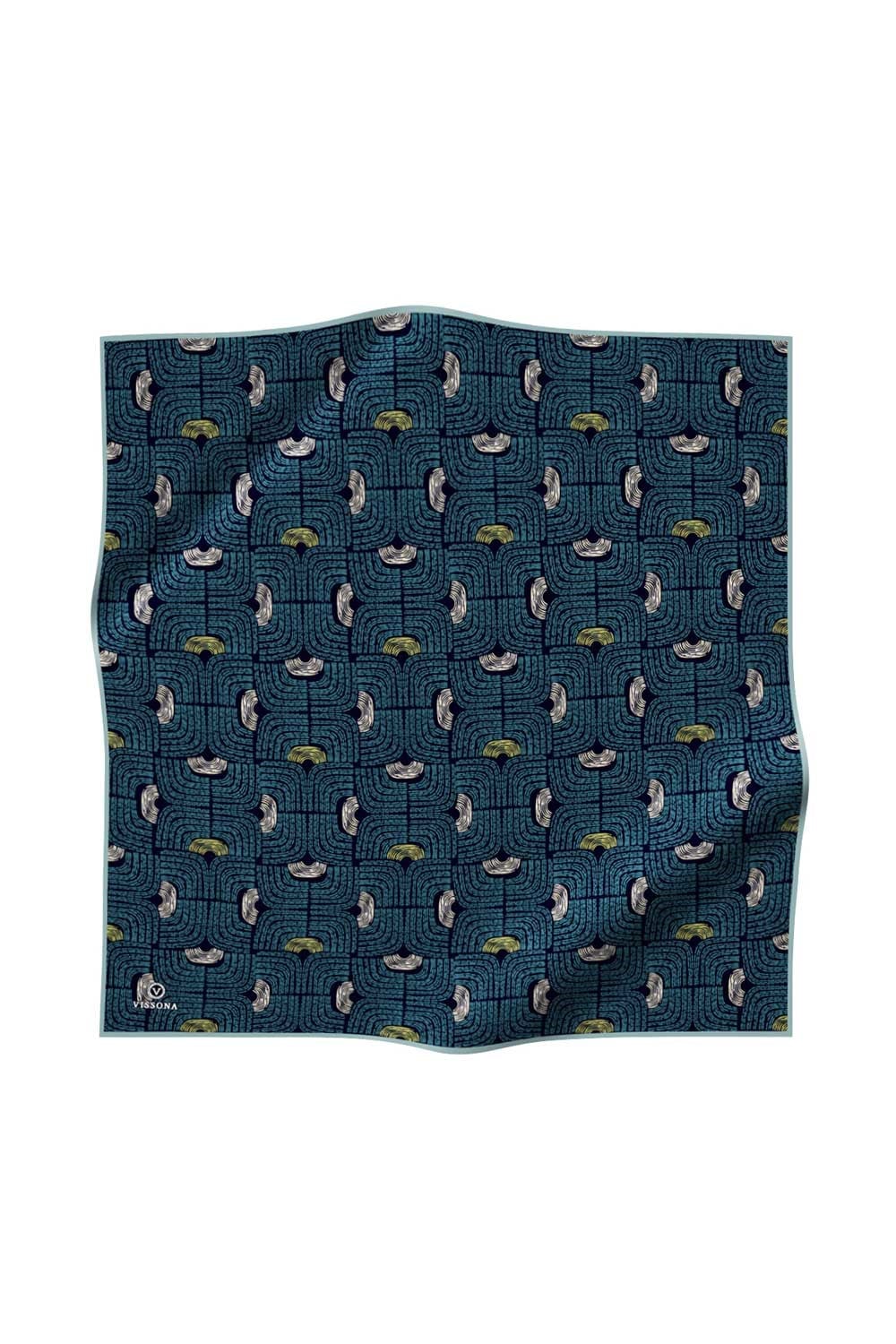 %100 Twill İpek Geometrik Desenli Petrol Mavisi - Lacivert Renkli 90x90 Eşarp Dikim Şekli : El Dikişi