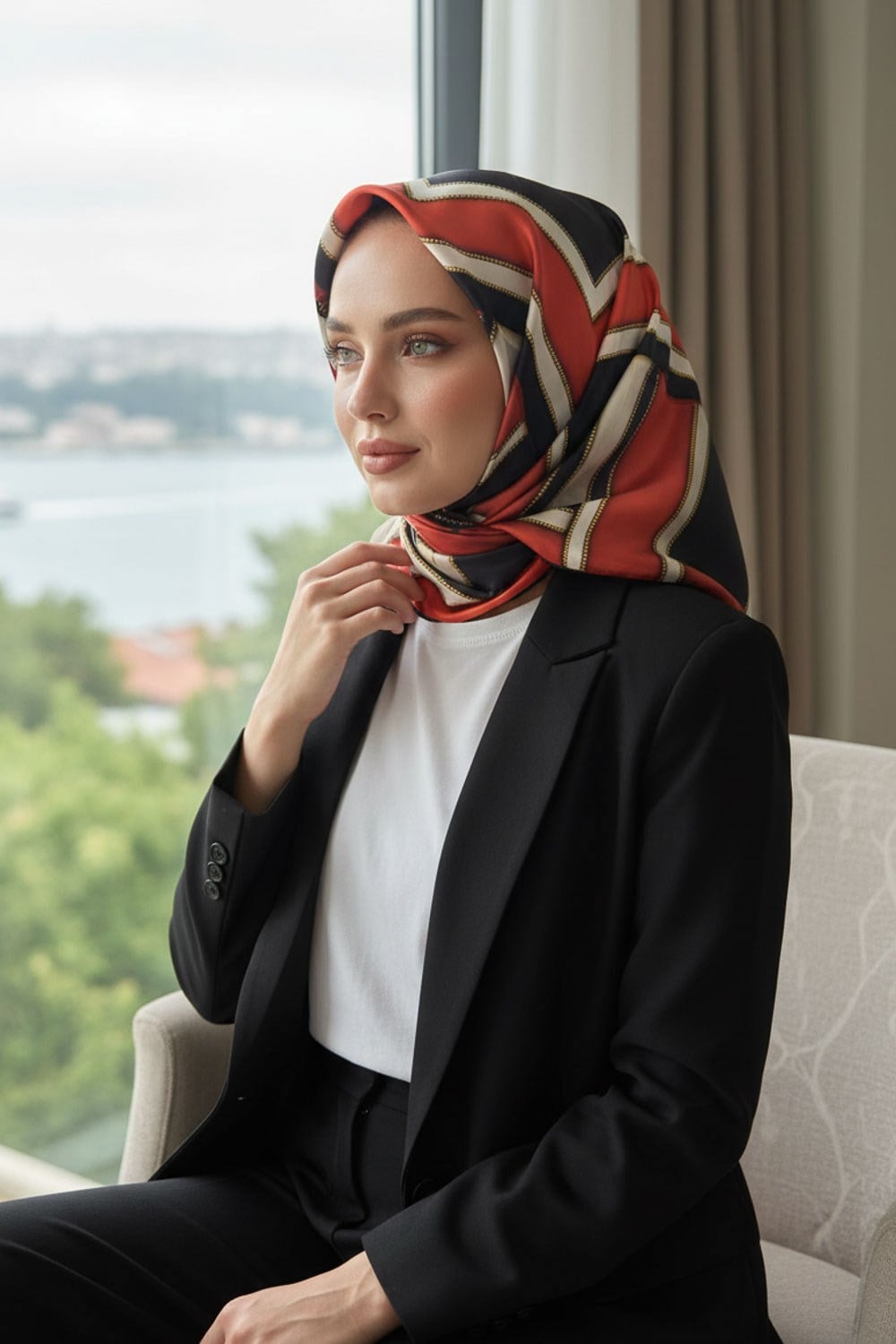 %100 Twill Geometrik Monogram Desenli Siyah - Taba Renkli 90x90 Eşarp Kenar Dikiş Şekli : El Dikişli